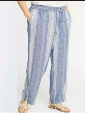 Old Navy blue And white Pin Stripe tie waist Pants Sz L Linen Blend Wide Leg